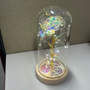 Artificial Gold Foil Rose Flower LED Light String in Glass Dome On Wooden Base